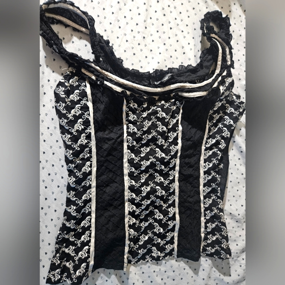 Bebe - black and white lace satin frill top with ribbon embroidery and zipper